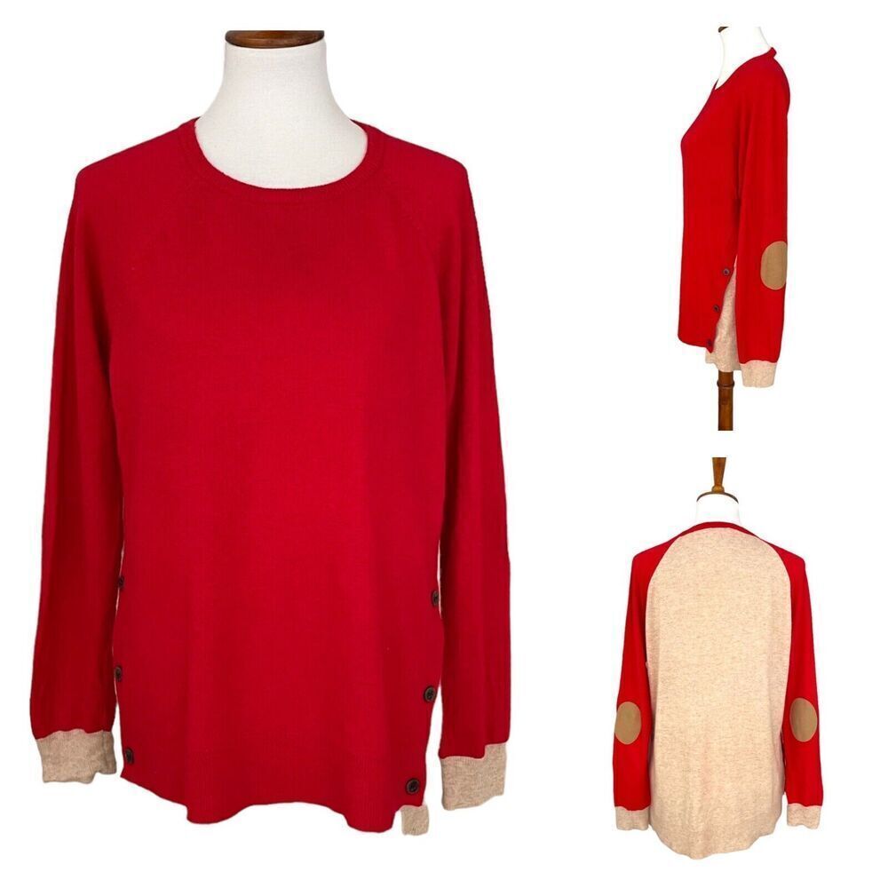 J. Crew Red Beige Wool Blend Color Block Elbow Patch Pullover Sweater Size Large